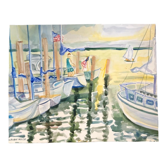 1980’s Original Vintage Sale Boats in Harbor Watercolor Painting Signed For Sale