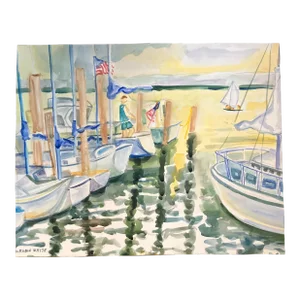 1980’s Original Vintage Sale Boats in Harbor Watercolor Painting Signed