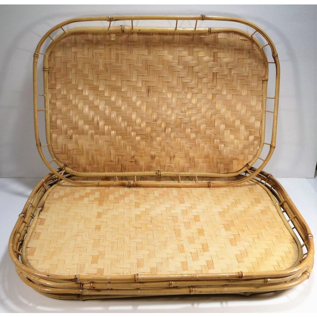 Boho MidCentury Bamboo Woven Wicker Serving Trays Set of 4 Chairish