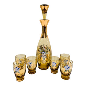 Vintage Italian Murano Tre Fuochi Amber Glass Decanter & 6 Cordial Glasses – 24k Gold Gilt, Hand-Painted High Enamel Flowers