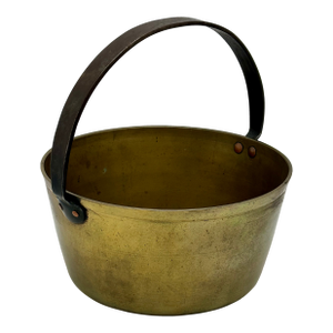Antique 12 Inch Heavy Brass & Hand Wrought Iron Fireplace Hearth Hanging Cooking Pot Mid 19th Century