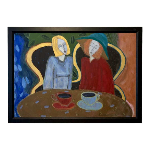Whimsical Painting “Women With Coffee” 1997 For Sale