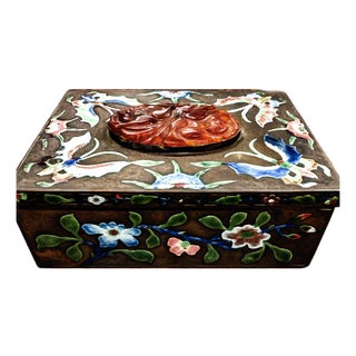 Early 20th Century Chinese Jade and Enamel Cloisonne Hinged Metal Box For Sale