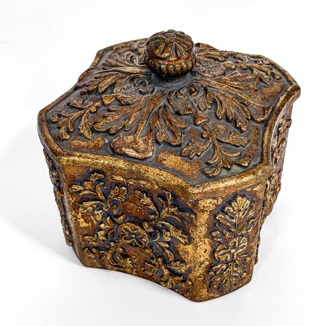 Hollywood Regency Vintage Gilt Decorative Box With Relief Foliate Motif For Sale - Image 3 of 6
