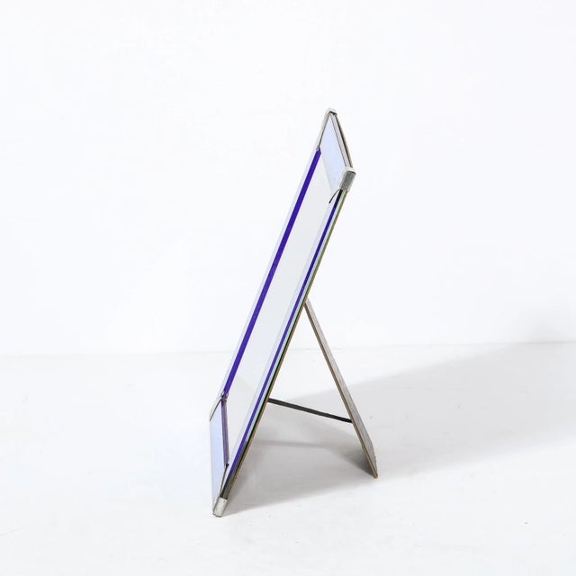 Art Deco Picture Frame in Blue Glass W/ Beveled Detailing & Chrome Corners For Sale - Image 10 of 12