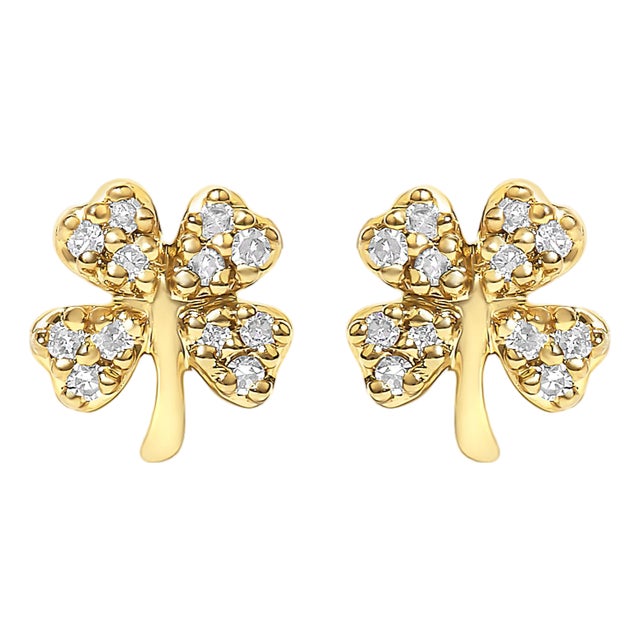 10K Yellow Gold Diamond Accent 4 Leaf Clover Stud Earrings, A Pair For Sale