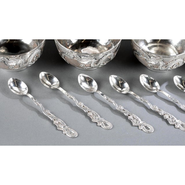 Early 20th Century Rare Chinese Export Sterling Silver Tea Set with Dragon Design Tianjing Wuhua - 13 pcs For Sale - Image 9 of 18