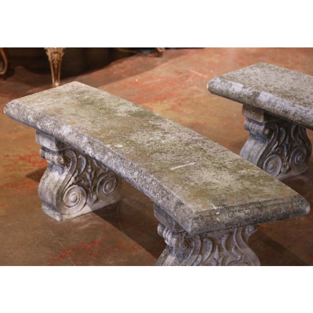 French Pair of Early 20th Century French Weathered Curved Cast Stone Garden Benches For Sale - Image 3 of 9
