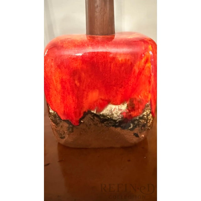 Pair of Mid-Century Modern Lava Glaze Ceramic Table Lamps Attributed to Poole Pottery, Walnut Necks, 26” H, Circa 1960s–1970s For Sale - Image 12 of 16