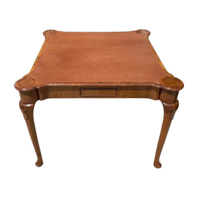 Burton-Ching Queen Anne Style Burl Wood Leather Top Game Table.