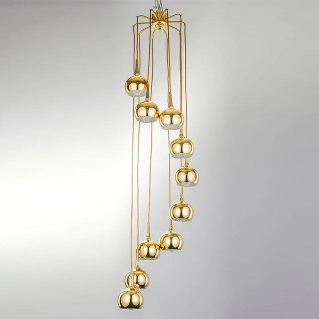 1970s Vintage Cascade Pendant Lamp with 10 Brass Teardrop Lampshades attributed to Hans-Agne Jakobsson for Markaryd, Sweden, 1970s For Sale - Image 5 of 8