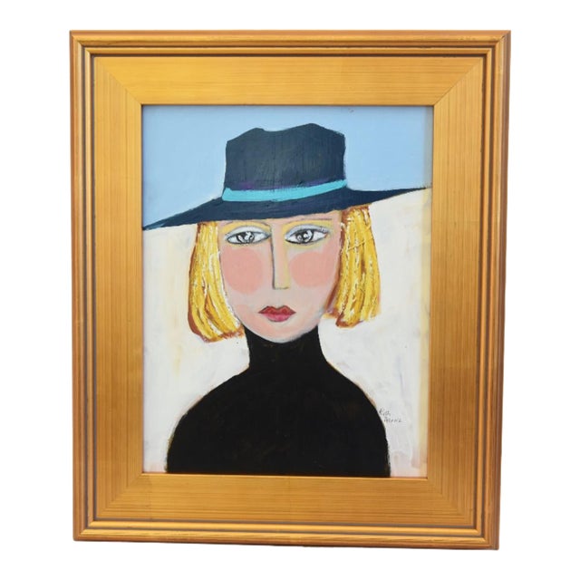 Original French Blonde Mademoiselle Portrait Painting Black Hat Including Antiqued Gold Wood Frame For Sale