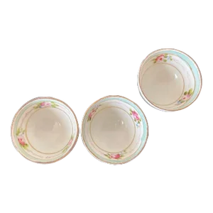 Early 20th Century Antique Nippon Pink Flower Gold and Turquoise Porcelain Dishes- Set of 3