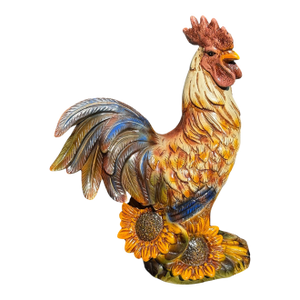 Large Italian Vintage Mid Century Hand Painted Ceramic Rooster & Sunflowers Statue/Figurine