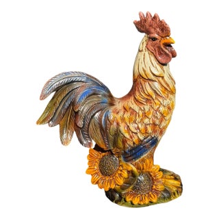 Large Vintage Mid Century Hand Painted Ceramic Rooster & Sunflowers Statue/Figurine For Sale