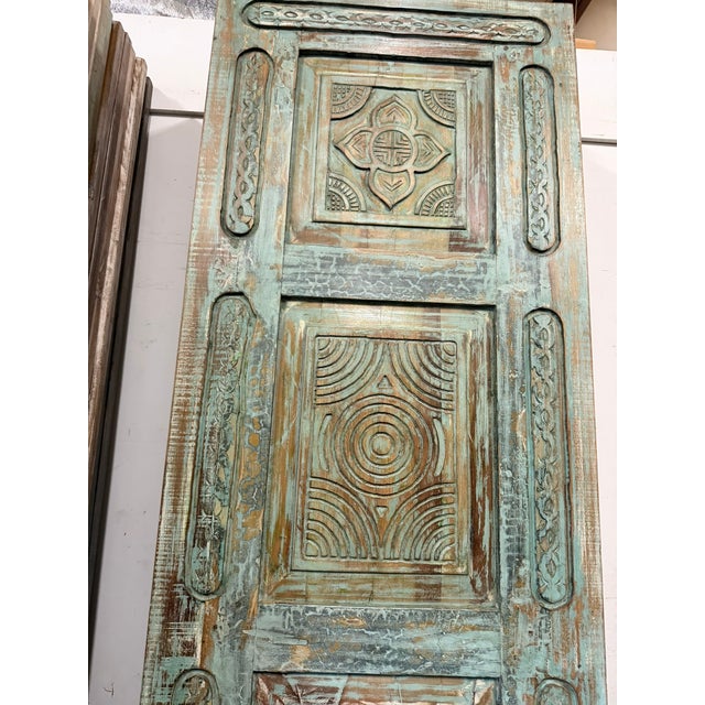 Antique Hand-Carved Blue Floral Pantry Door – Rustic Wooden Barn Door for Bedroom or Pantry Entry 96x29.5 For Sale - Image 4 of 6