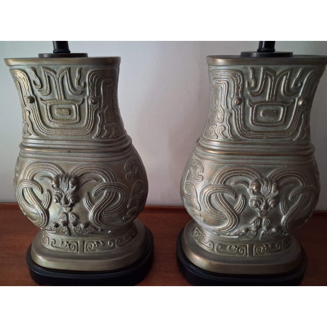 1980s Archaistic Pair of Brass Chinese Hu Vessel Urn Table Lamps - a Pair For Sale - Image 10 of 13