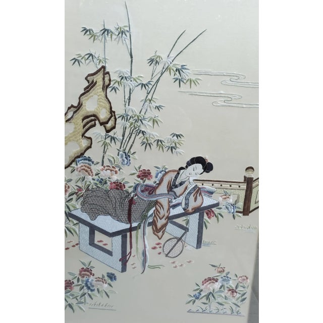 Taupe Late 20th Century Antique Pair of Chinese Embroidered Silk Panels- Ladies in Garden Framed For Sale - Image 8 of 12