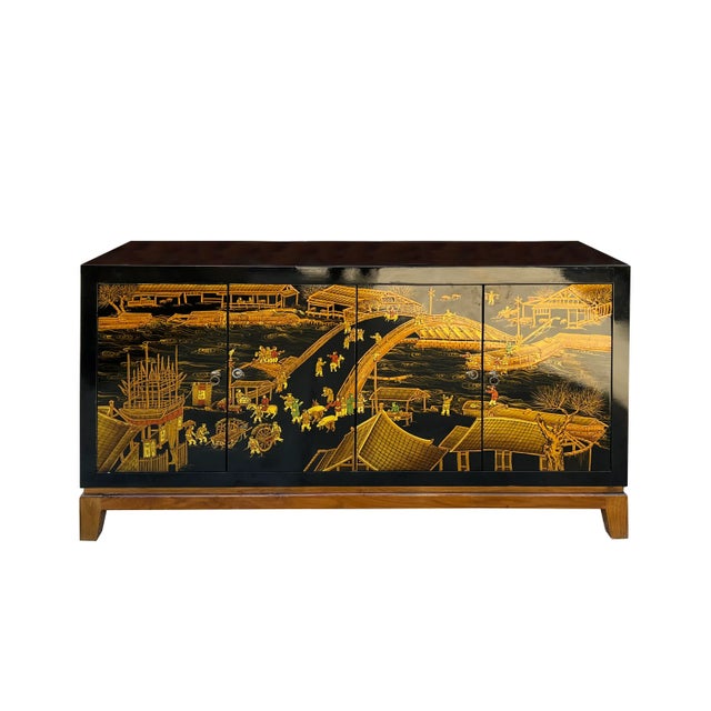 Black Golden Scenery Graphic Sideboard Buffet Console Table Cabinet For Sale - Image 4 of 8