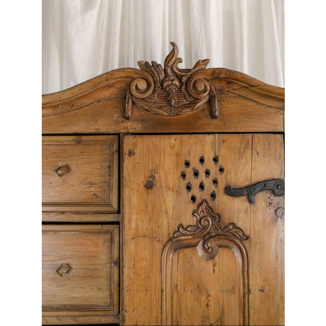 Rustic European Antique European Pine Cabinet With Drawers and Carved Crest For Sale - Image 3 of 9