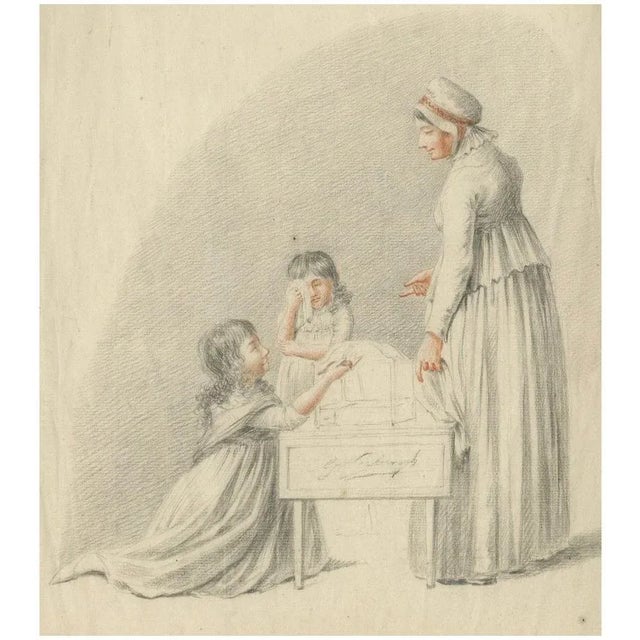 G. Verburgh, Children Around a Cradle, 1800, Chalk on Paper For Sale - Image 12 of 12