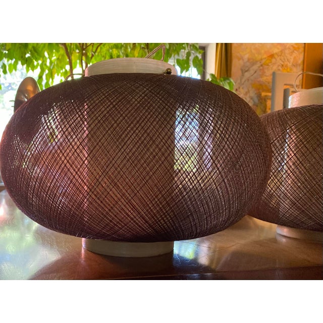 Mid-Century Modern 1950s Pair of Brown Spun Fiberglass and Acrylic Bulbous Hanging Lanterns For Sale - Image 3 of 12