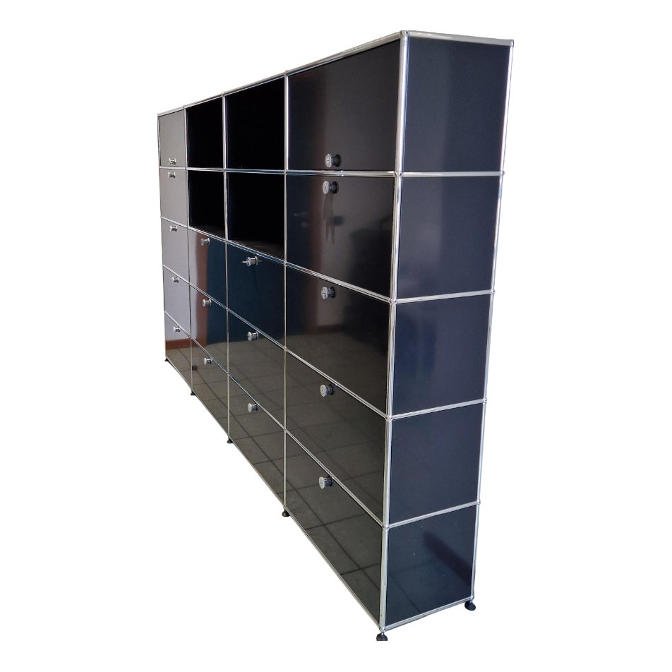4-Module Bookcase in Chromed Metal and Blue Iron from USM Haller, 1970s ...