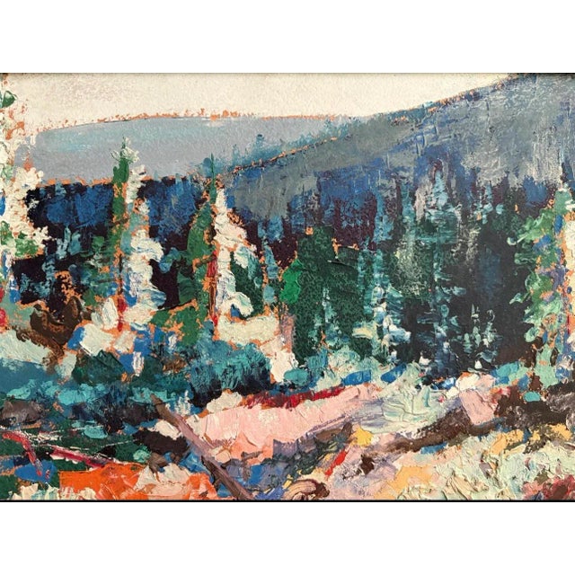 Gorgeous colors, texture: acrylic on canvas in original vintage wood frame. A showstopper. Pines along the mountain,...