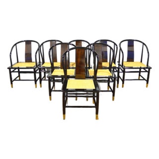 Late 20th Century Set 8 Henredon Scene Three (Scene 3) Burl Lacquer Brass & Cane Dining Chairs For Sale
