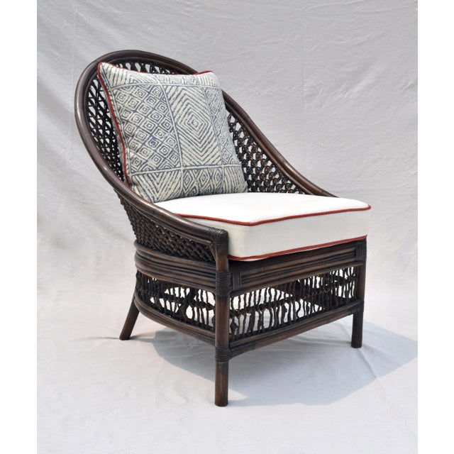 Vintage Rattan Curved Back Chair Attributed to Palecek, Blue & White, 1990s For Sale - Image 13 of 13