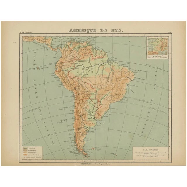Relief Atlas Map of South America by Hachette, 1883 For Sale