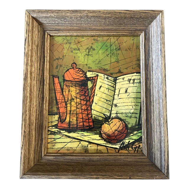 1950’s Bernard Buffet Style Abstract Still Life Painting Signed Vintage Modernist Frame For Sale