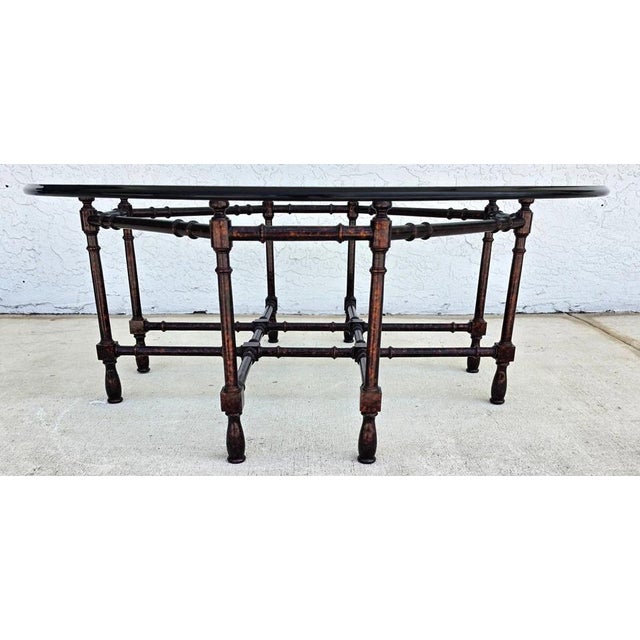 Hollywood Regency Vintage Baker Style Tortoise Shell Faux Bamboo & Glass Coffee Table For Sale - Image 3 of 12
