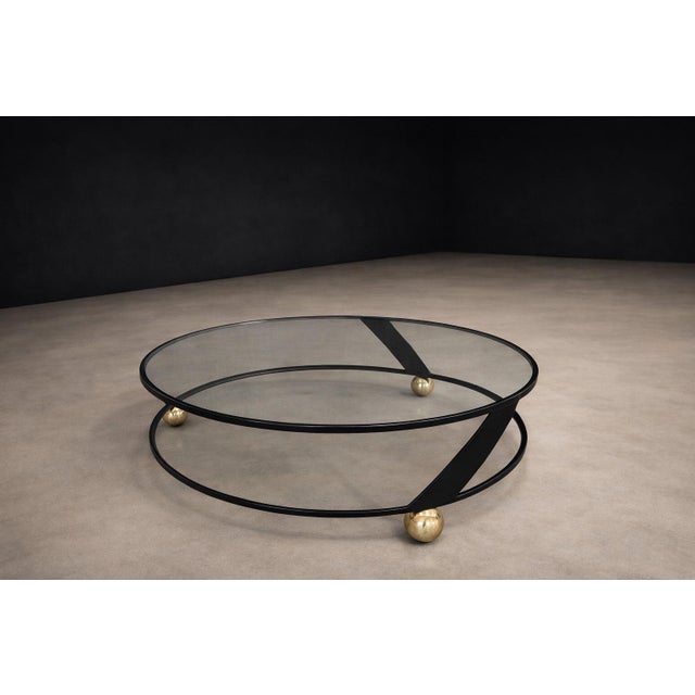 Black Brazilian Modern Round Coffee Table in Plated & Painted Metal With Glass Top, Brazil, 1960s For Sale - Image 8 of 13