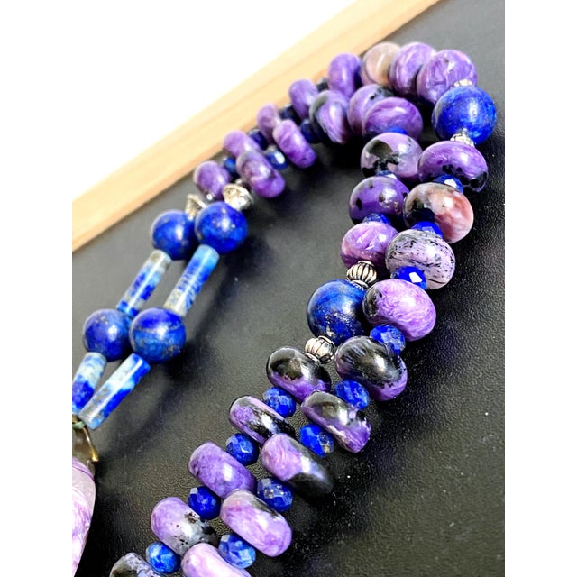 Violet Statement Charoite and Lapis Lazuli Necklace With Sculptural Charoite Pendant a Wearable Work of Art For Sale - Image 8 of 18