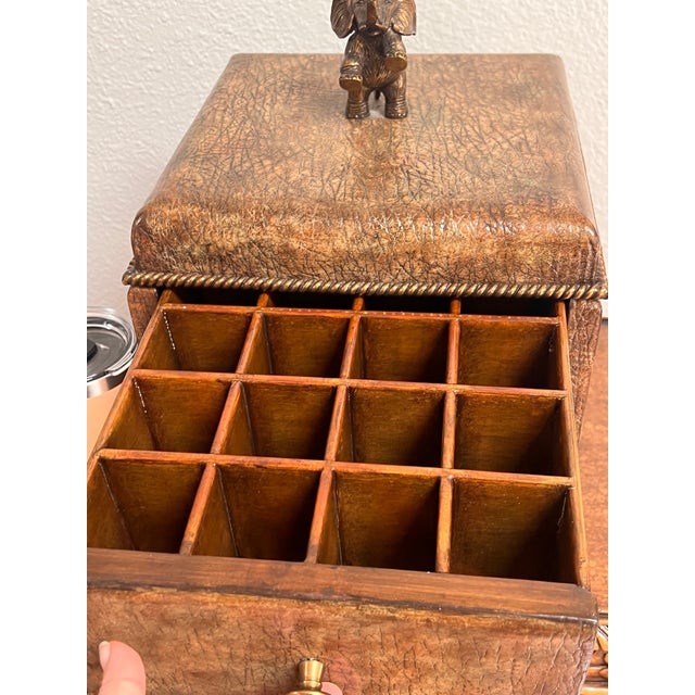 Brass 1980s Maitland-Smith Decorative Box With Crackle-Finish Leather, Brass Feet, and an Elephant Finial. For Sale - Image 8 of 9