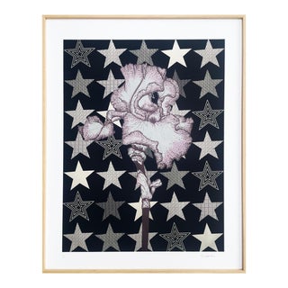 Gold Stars, Pink Iris, Geometric Botanical Framed Original Art Print, 22" X 28" For Sale