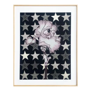 Gold Stars, Pink Iris, Geometric Botanical Framed Original Art Print, 22" X 28"
