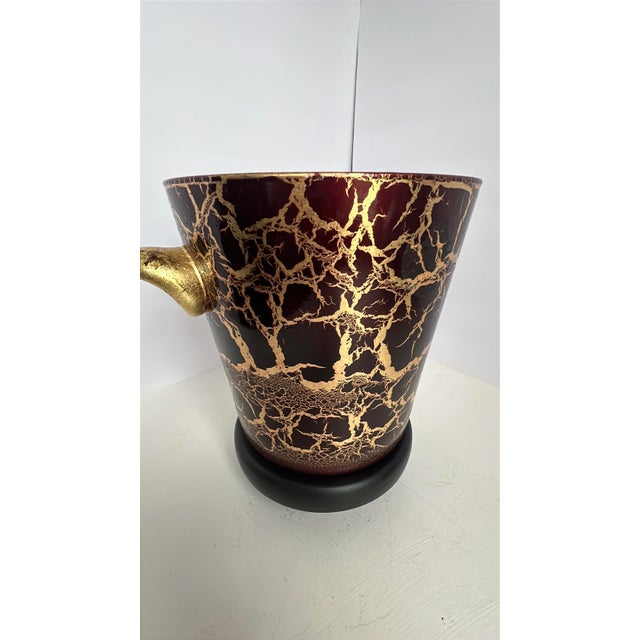 Vintage Italian Wine Red & Gold Splatter Ice Bucket, Hollywood Regency Glass Barware, Burgundy 24k Gold Decor Neiman Marcus Style For Sale - Image 6 of 17