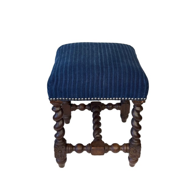 Wood Antique Louis XIII French Baroque Stool W/Indigo Upholstery For Sale - Image 7 of 9