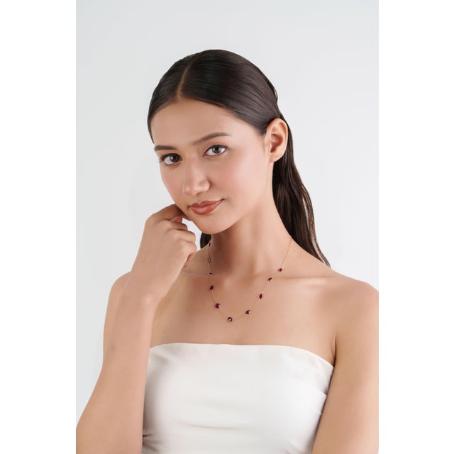 Ruby Red 14k Gold 6.95ct Natural Mozambique Ruby Bezel Station Modern Necklace For Sale - Image 8 of 17