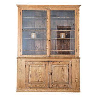 Grand Antique English Pine Cabinet With Glass Doors - Circa 1890 For Sale