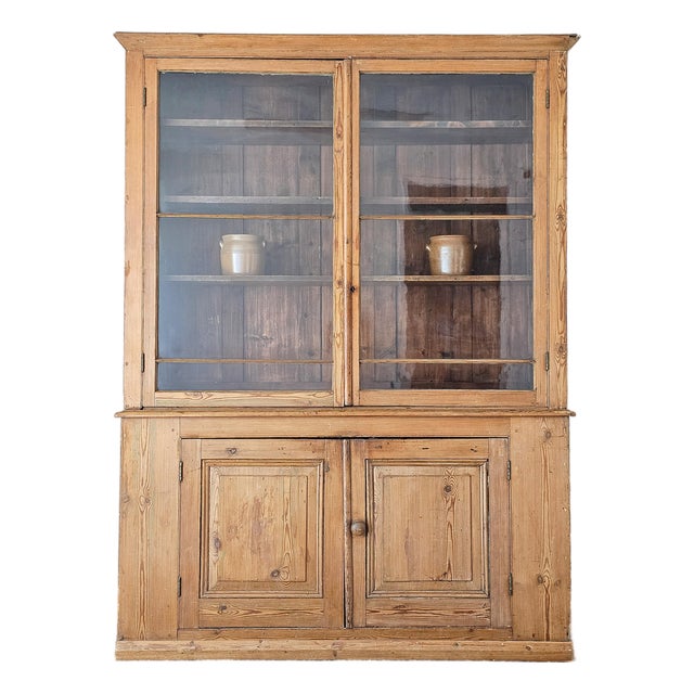 Grand Antique English Pine Cabinet With Glass Doors - Circa 1890 For Sale