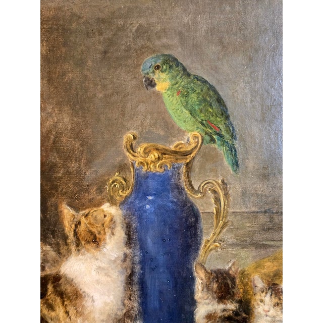 Textile Louis Eugène Lambert- Four Cats Playing W/a Parrot- 19th Century Oil Painting For Sale - Image 7 of 13