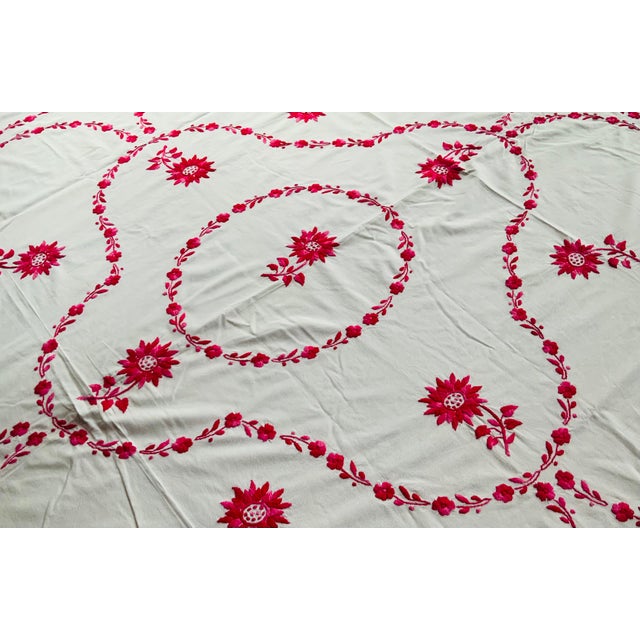 1960s Magenta Hand-Embroidered Linen Tablecloth — Nantucket Estate — Sunflowers & Swag Garlands For Sale - Image 6 of 15