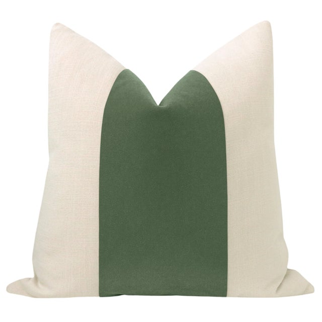 Pair of beautiful 22" natural linen pillows with a patina mohair velvet center and solid natural linen reverse....