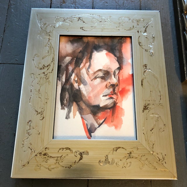 Abstract Gallery Wall Collection-3 Vintage 1970’s Portrait Watercolor Paintings Vintage Frames - Set of 3 For Sale - Image 3 of 6