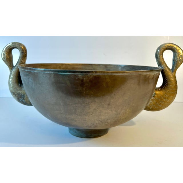 French Art Deo Patinated Bronze Bowl with Swan Handles Flanking Sides For Sale - Image 4 of 8