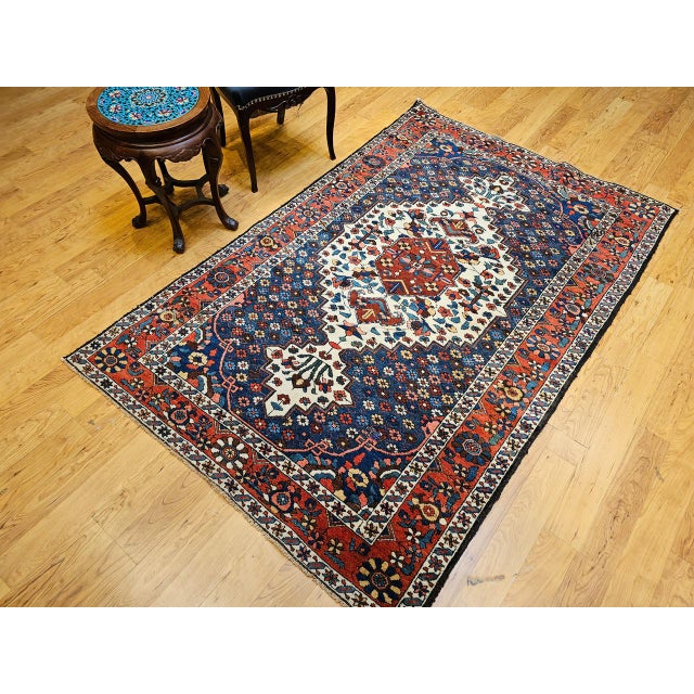 Navy Blue Vintage Persian Bakhtiari Bibibaft Rug, Hand-Knotted Wool, Geometric Medallion Design, Vegetable Dyes, Navy & Red, 5x7 For Sale - Image 8 of 18