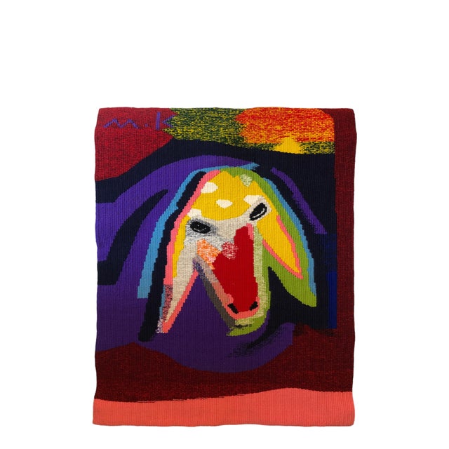 Menashe Kadishman, Israeli Hand Woven Colorful Wool Tapestry Weaving Menashe Kadishman Sheep Head For Sale - Image 13 of 14